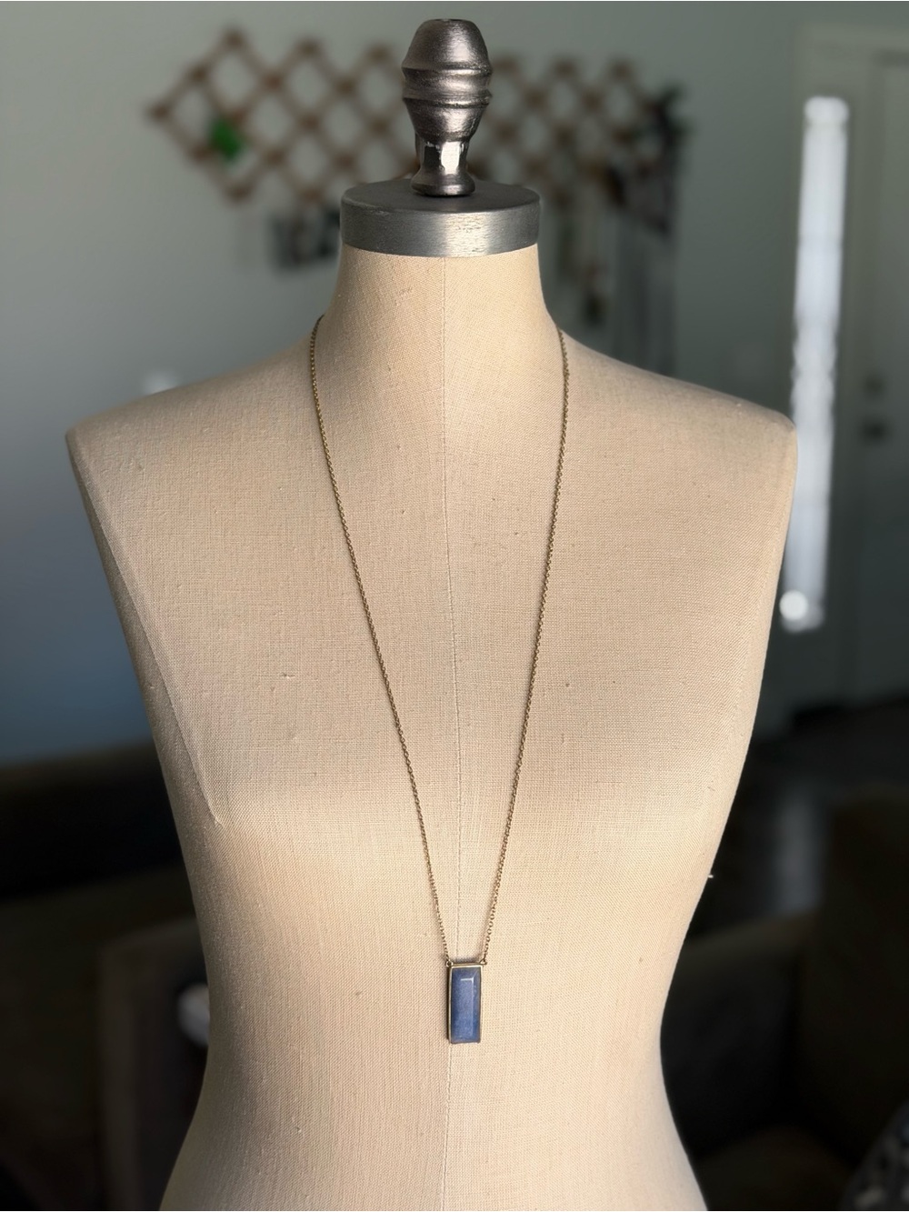 LOFT Long Antiqued Brass Blue Stone Rectangle Pendant Necklace Minimalist